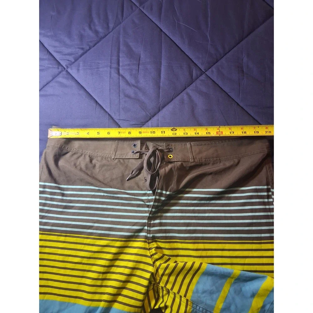 Oxide Mens Board Shorts Size 38 Brown Neon Yellow Blue Striped Swim‎ Trunks